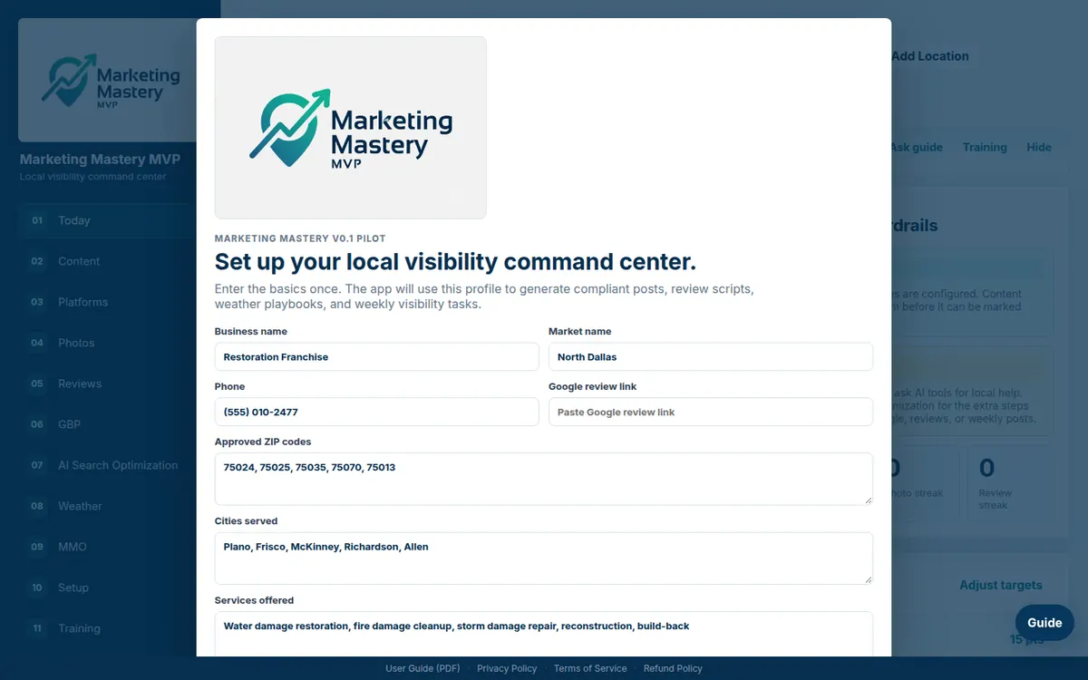 Marketing Mastery home screen with a weekly score of 0 out of 120, a Today task list, and lead measures for posts, photos, and reviews.